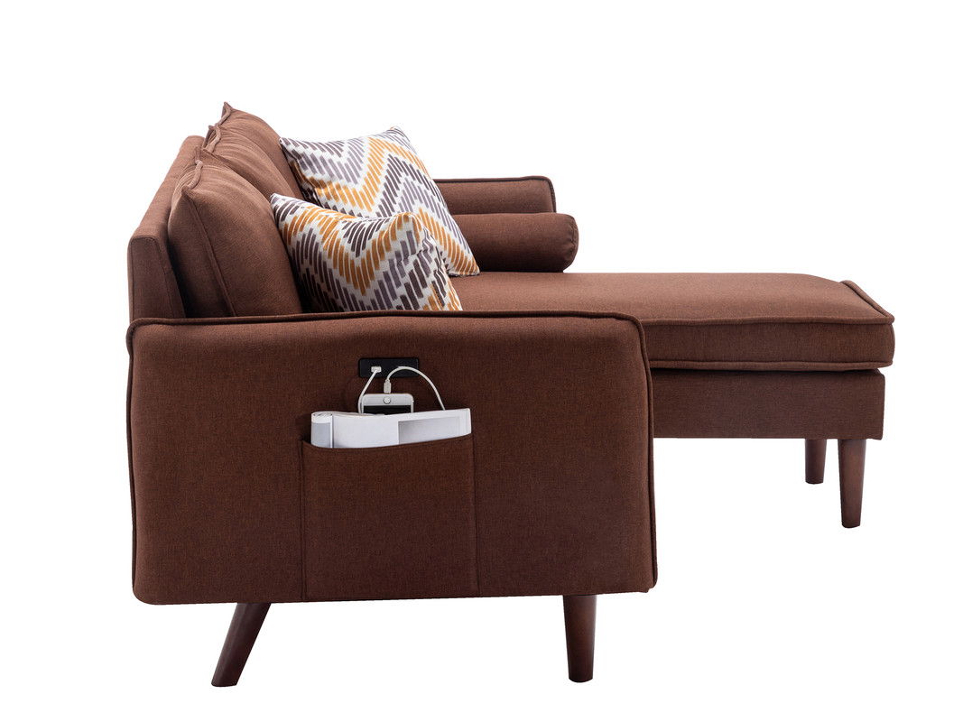 Mia - Sectional Sofa Chaise With USB Charger And Pillows - Brown
