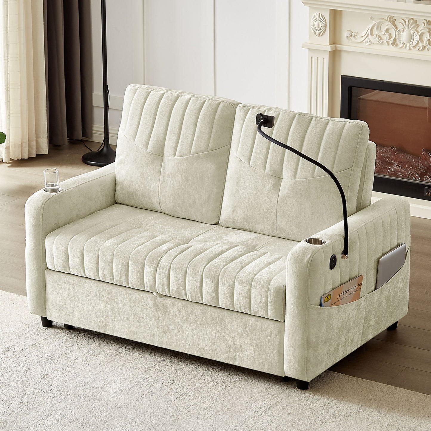Modern Loveseat Pull Out Sofa Bed With Adjustable Backrest, Two Cup Holders, A Phone Holder, Three Charging Ports And Side Storage Pockets For Living Room - Beige