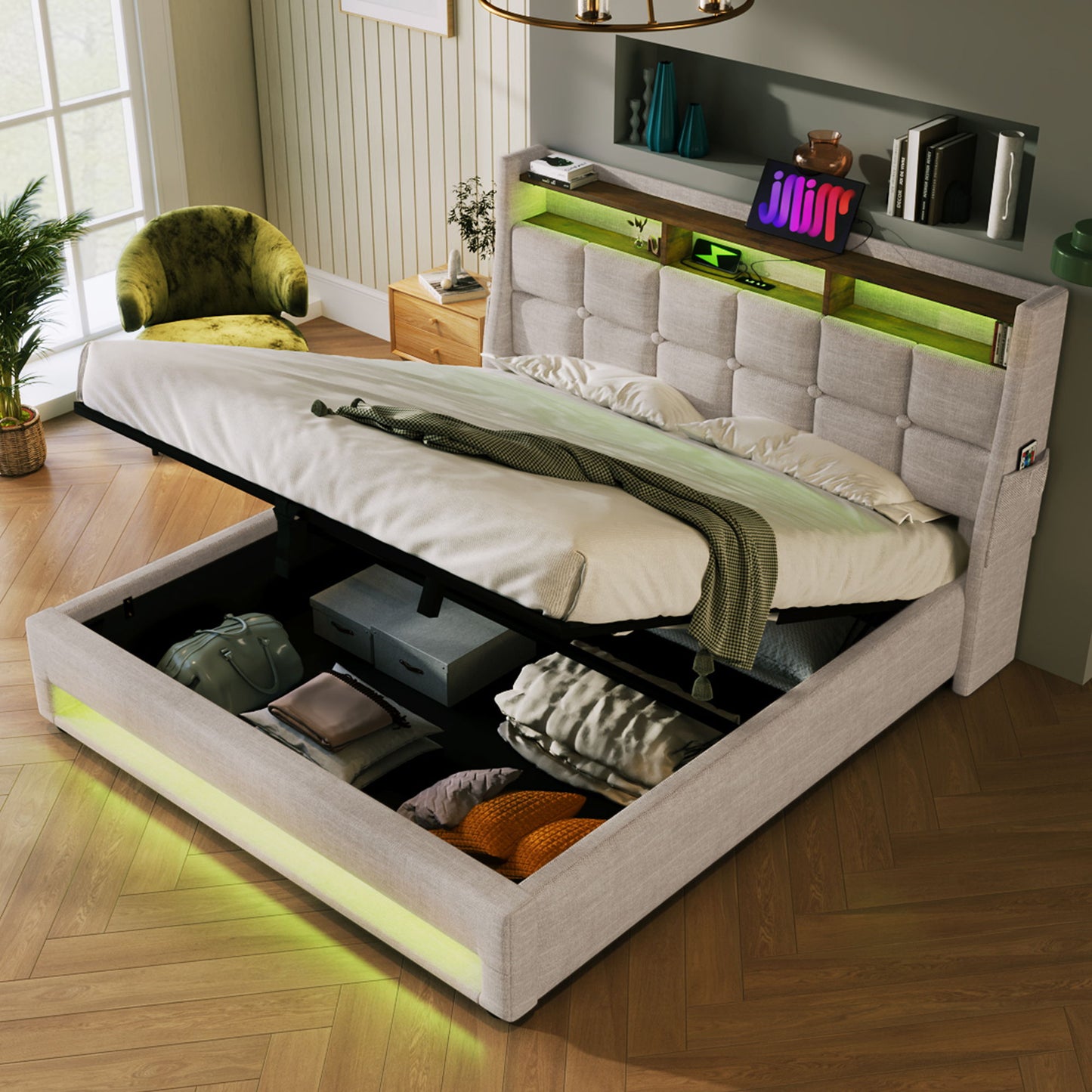 Full Size Upholstered Platform Bed With A Hydraulic Storage System, LED And USB Charging (Without Mattress) - Natural