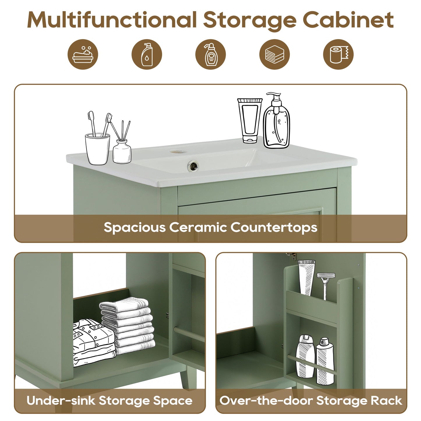 Modern Small Bathroom Vanity Cabinet With Ceramic Basin, Ample Storage, 1 Soft Close Door - Green
