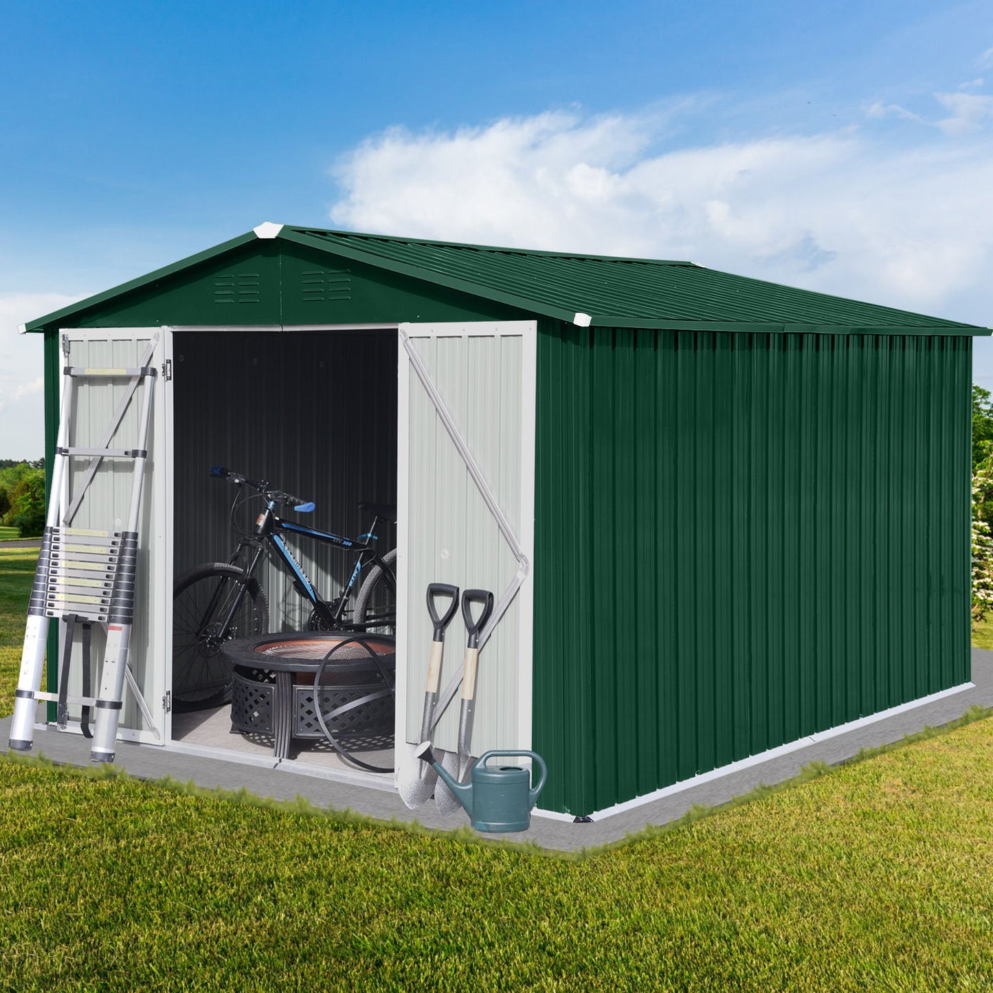 10'x8' Garden Sheds Outdoor Storage Sheds - Green / White