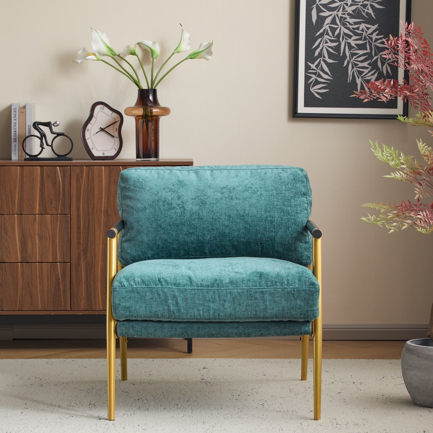 Modern Accent Chair With Plush Cushions, Metal Frame, Wooden Armrests Cozy Seating For Living Room, Bedroom, Office - Gold / Teal Blue
