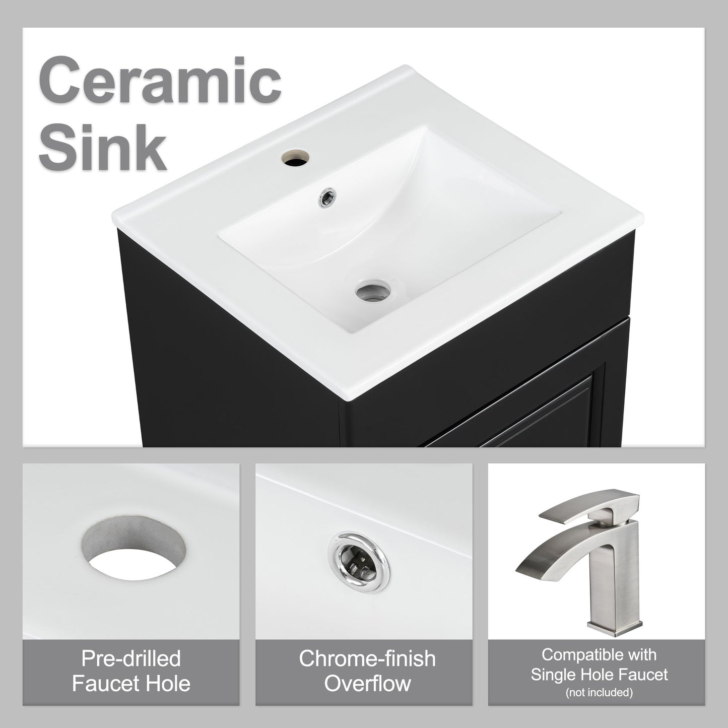 20" Bathroom Vanity With Sink, Freestanding Cabinet With Door Shelf And Adjustable Shelf, And Ceramic Construction - Black