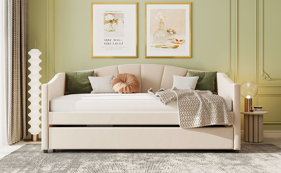 Twin Size Upholstered Daybed Sofa Bed With Trundle And Slat - Beige