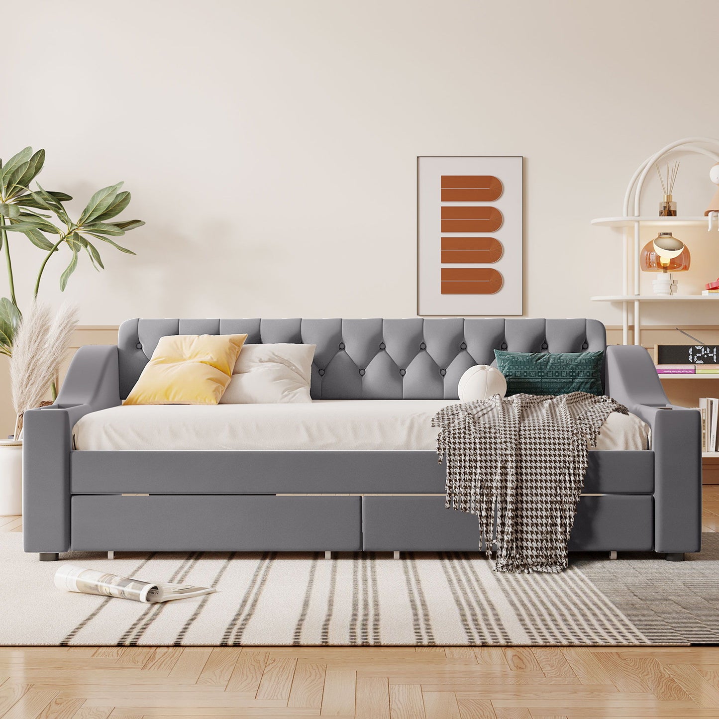 Twin Size Upholstered Daybed With Storage Armrests And USB Port - Gray