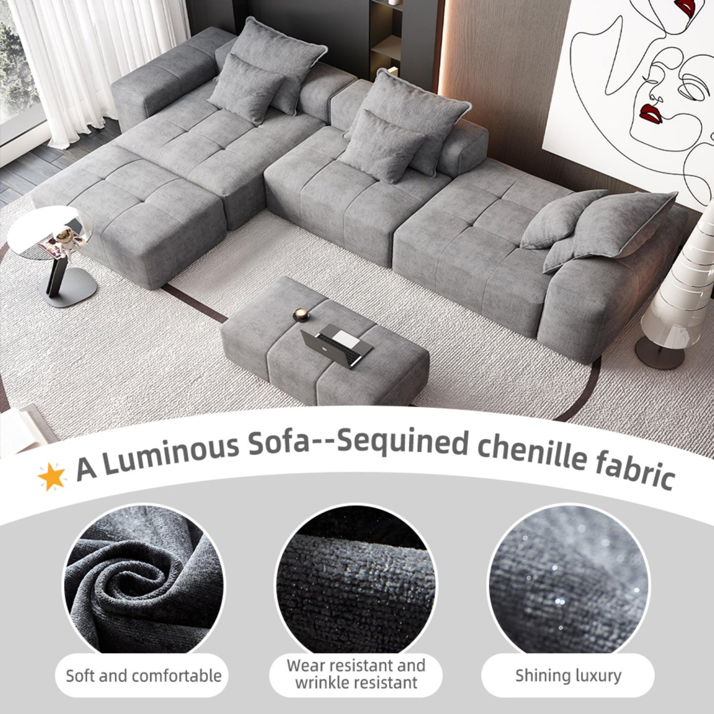 Modern Oversized Modular Sectional Sofa, Sparkling Fabric Soft Cushion Sofa With 6 Pillows, 6 Pieces Diy Combination Tufted Sofa, No Assembly Required - Gray