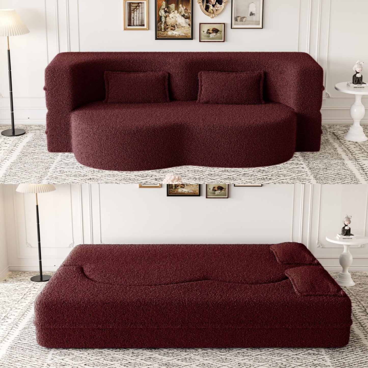 Modern Floor Sofa With 2 Pillows, Convertible Teddy Fabric Foam Filled Sleeper Sofa Bed, Full Size Folding Mattress For Living Room Guest Bed, Playroom, No Assembly Required - Burgundy