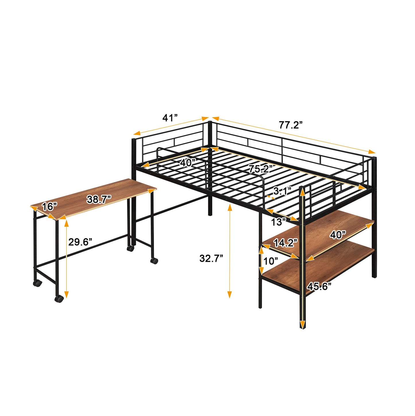 Twin Size Loft Bed With Desk And Shelves - Black