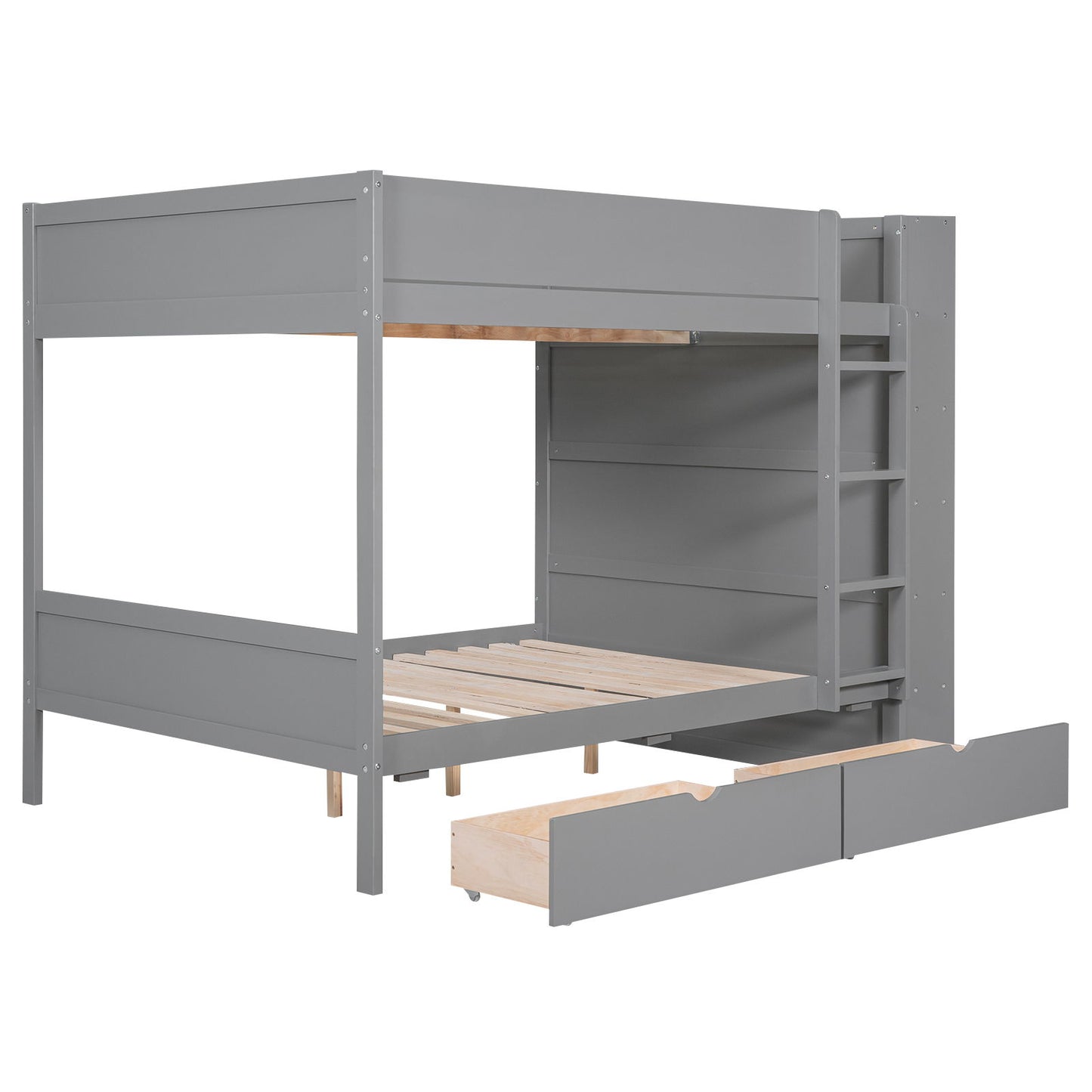Full Over Full Bunk Bed With 2 Drawers And Multi-Layer Cabinet - Gray