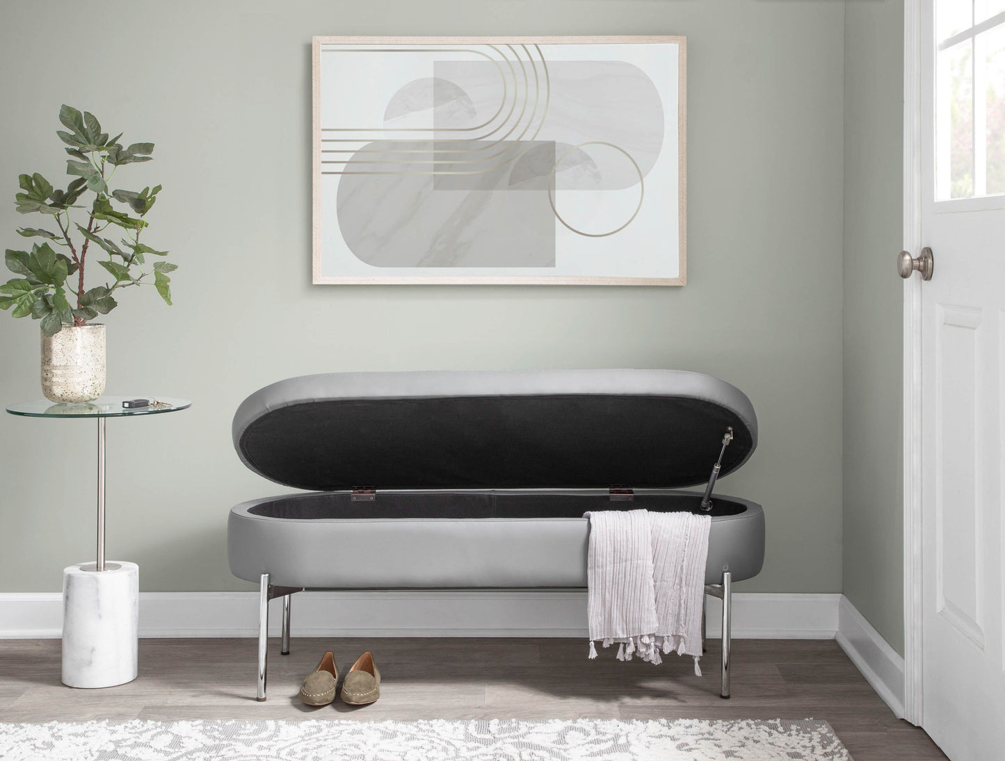 Chloe - Contemporary / Glam Storage Bench - Chrome / Gray
