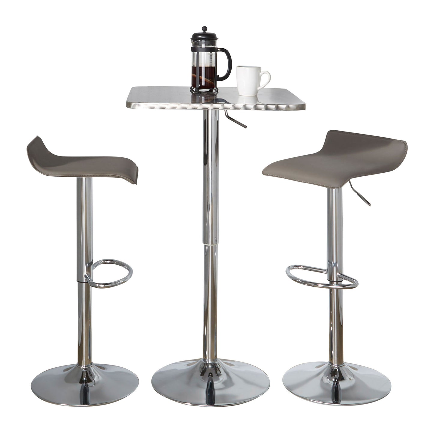 Ale - 3 Piece Bar Set Bistro Square Contemporary Adjustable Oval Footrest - Silver / Chrome / Gray