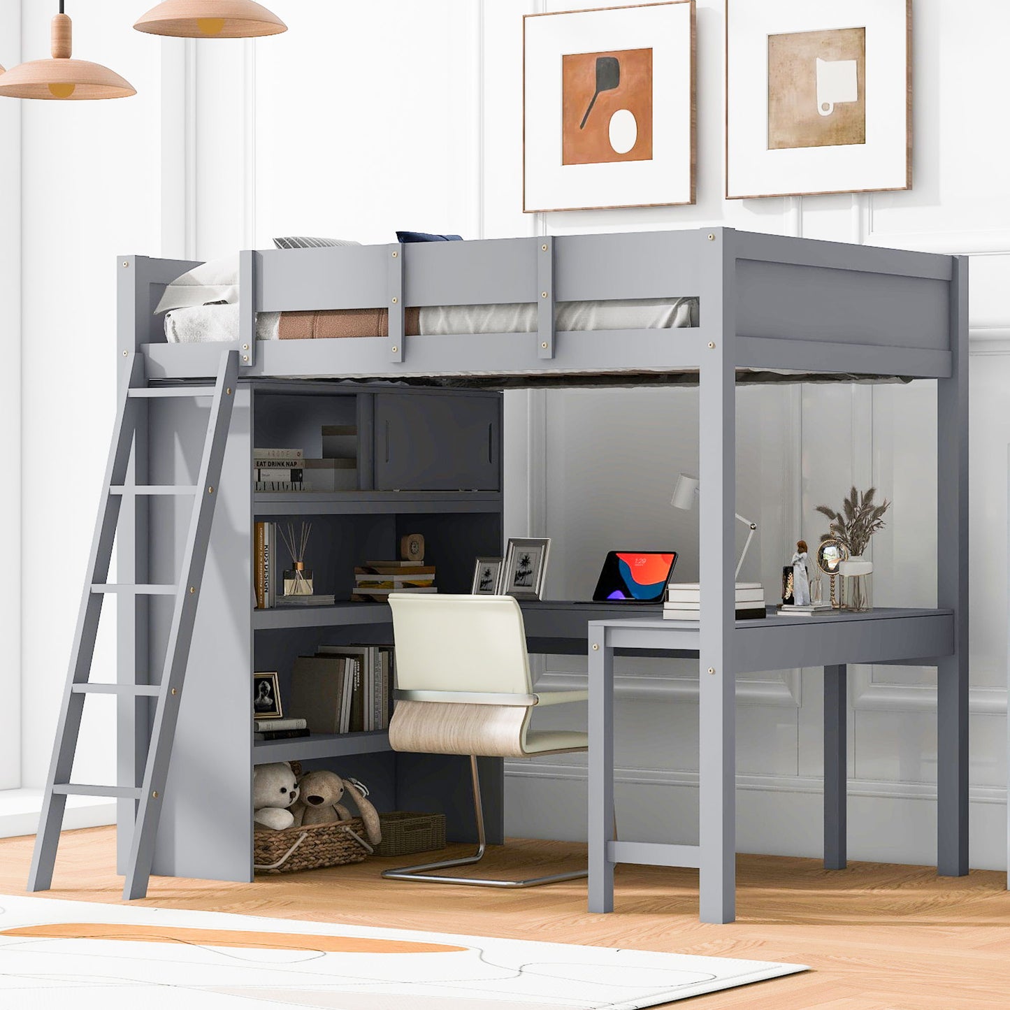Full Size Modern Loft Bed With Desk And Shelves - Gray