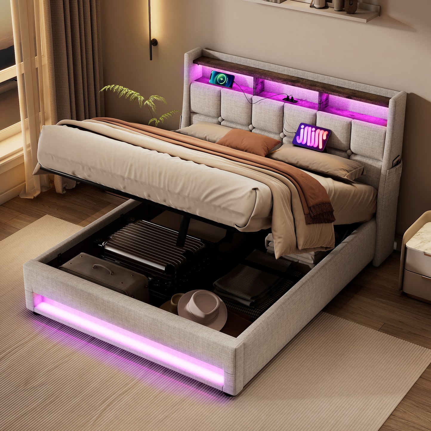 Queen Size Upholstered Platform Bed With A Hydraulic Storage System, LED And USB Charging (Without Mattress) - Natural