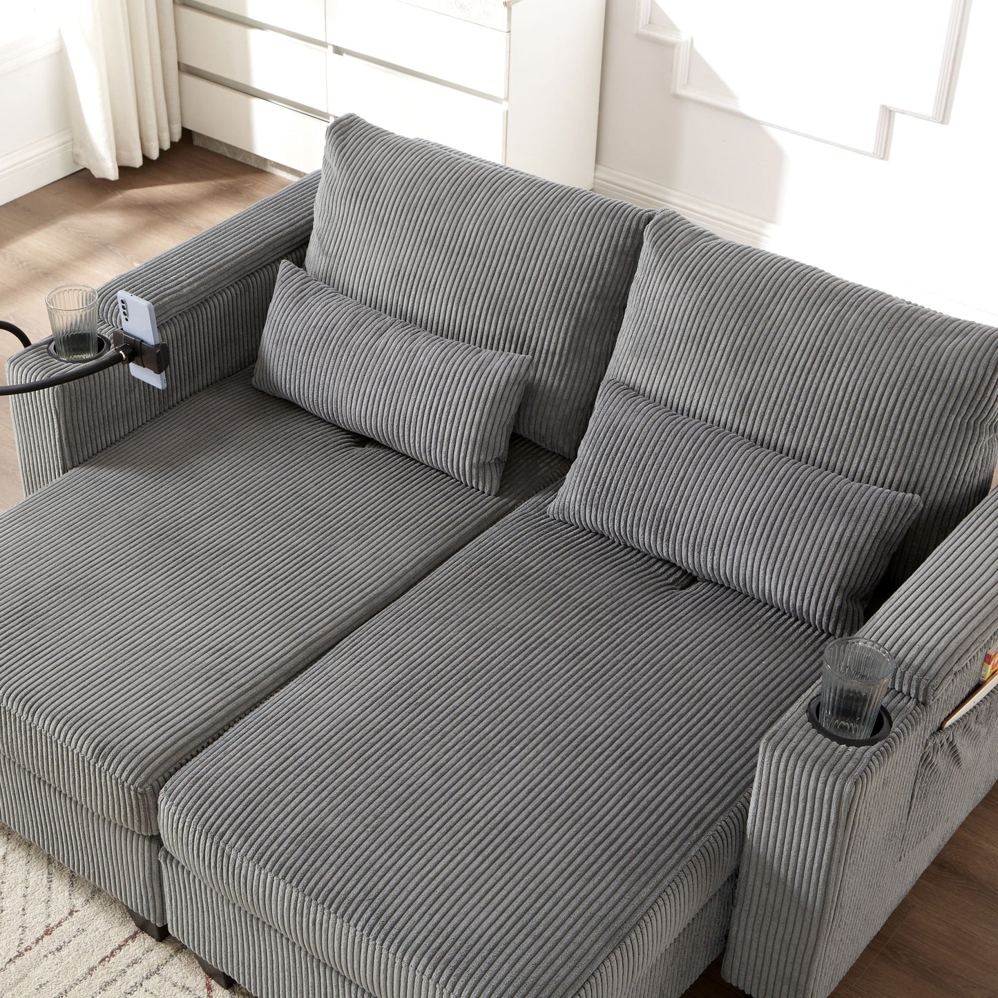 Convertible Chaise Lounge Loveseat Sofa Bed With USB Ports, Cup Holders, Phone Holder, Ample Storage - Gray