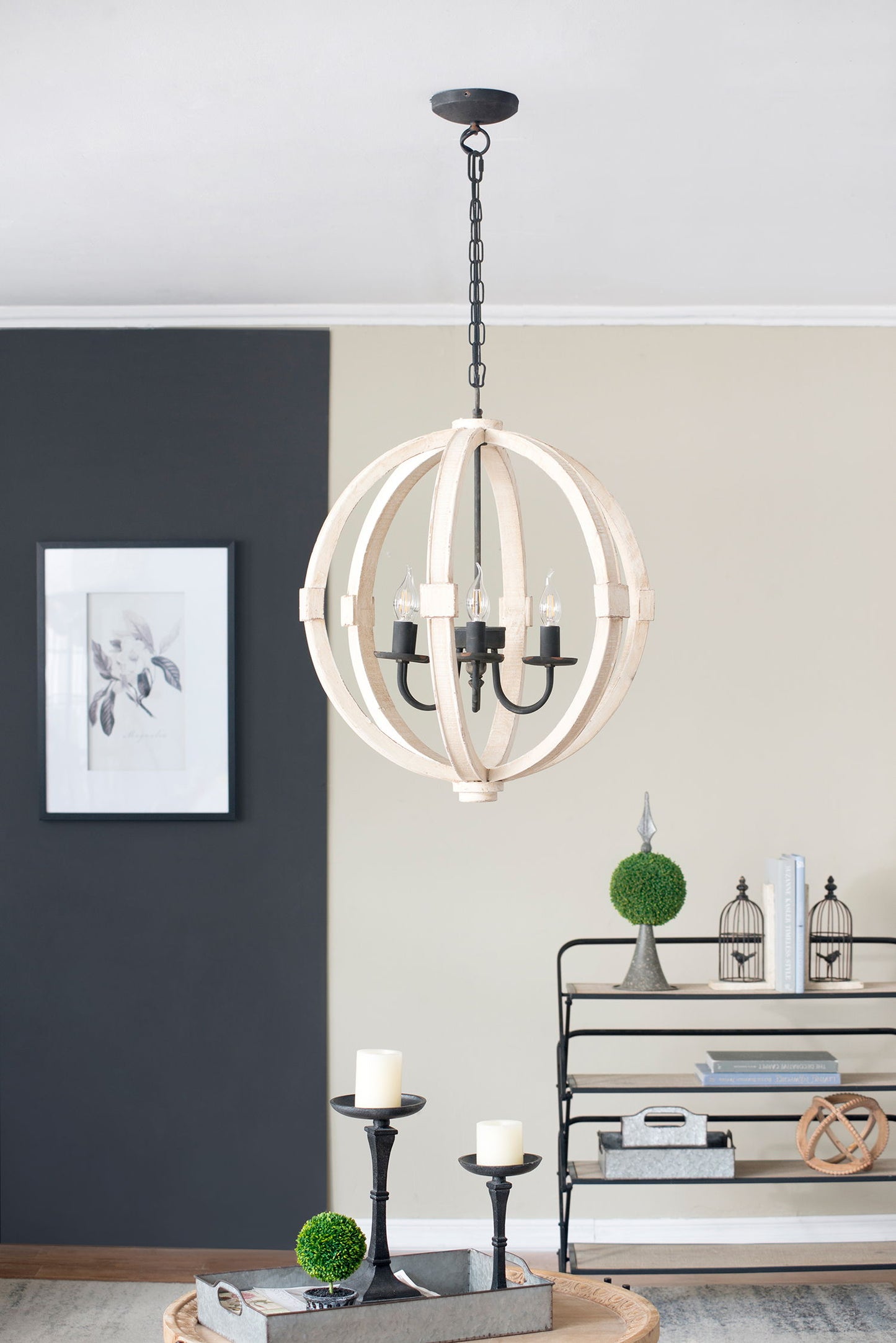 6 Light Wood Chandelier, Hanging Light Fixture With Adjustable Chain For Kitchen, Bulb Not Included - White