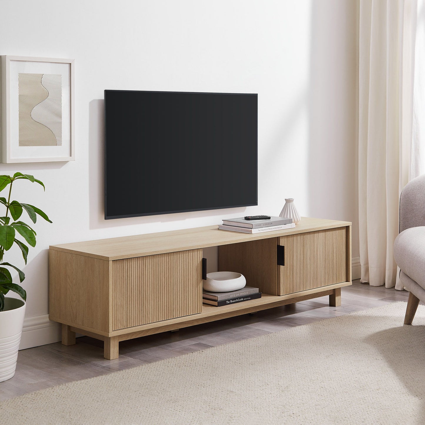 Modern Fluted Door Minimalist TV Stand For TVs Up To 65" - Coastal Oak