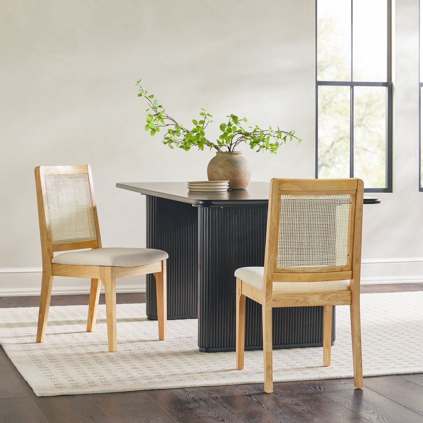 Modern Solid Wood Dining Chair With Rattan Inset Back (Set of 2) - Natural