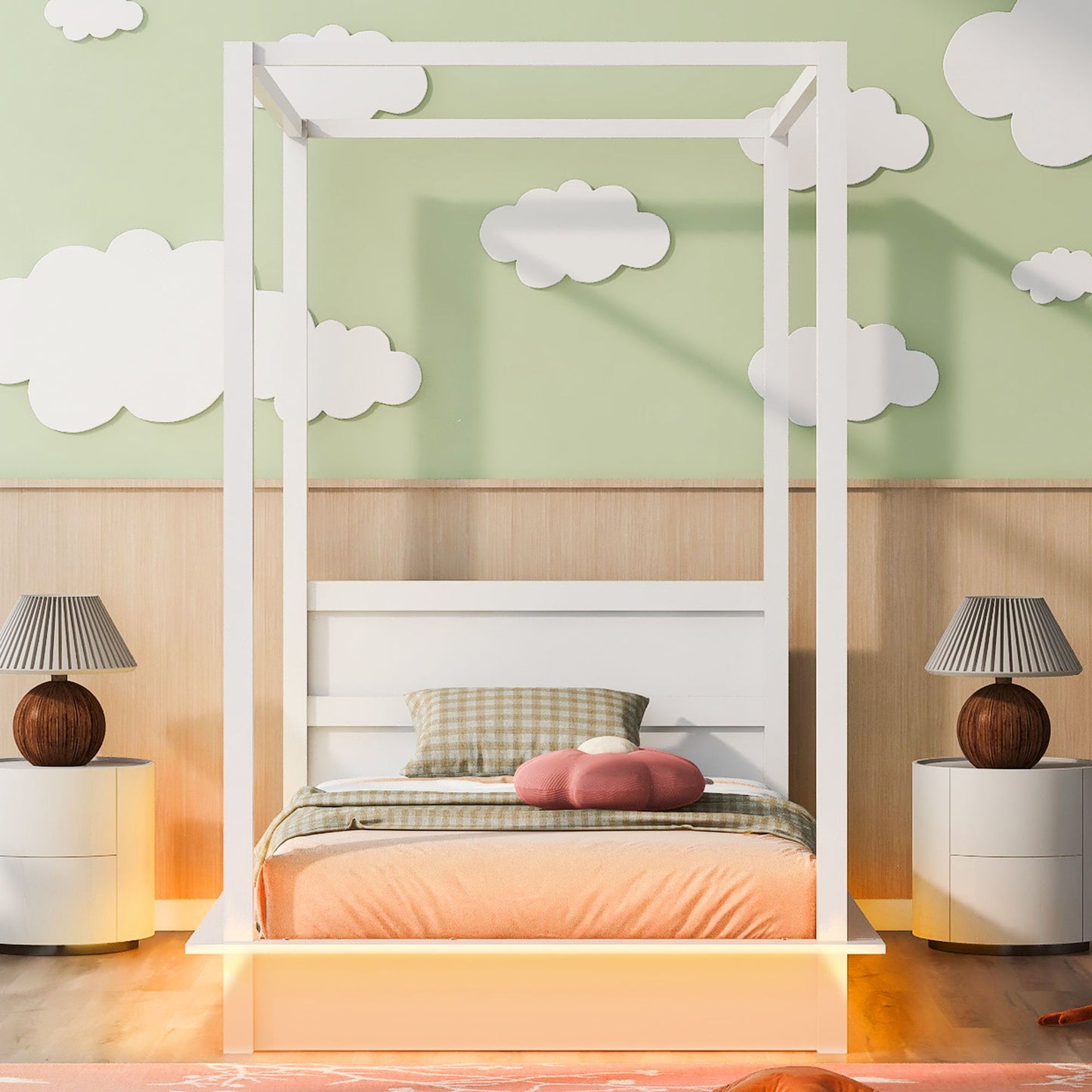 Twin Size LED Canopy Bed, Canopy Platform Bed With Support Slats, No Box Spring Needed - White