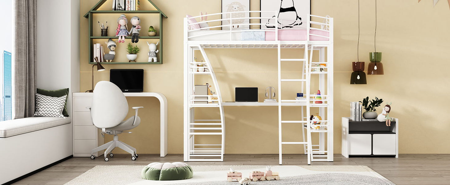 Twin Size Loft Bed With 4 Layers Of Shelves And L-Shaped Desk, Stylish Frame With A Set Of Sockets, USB Ports And And Wireless Charging - White