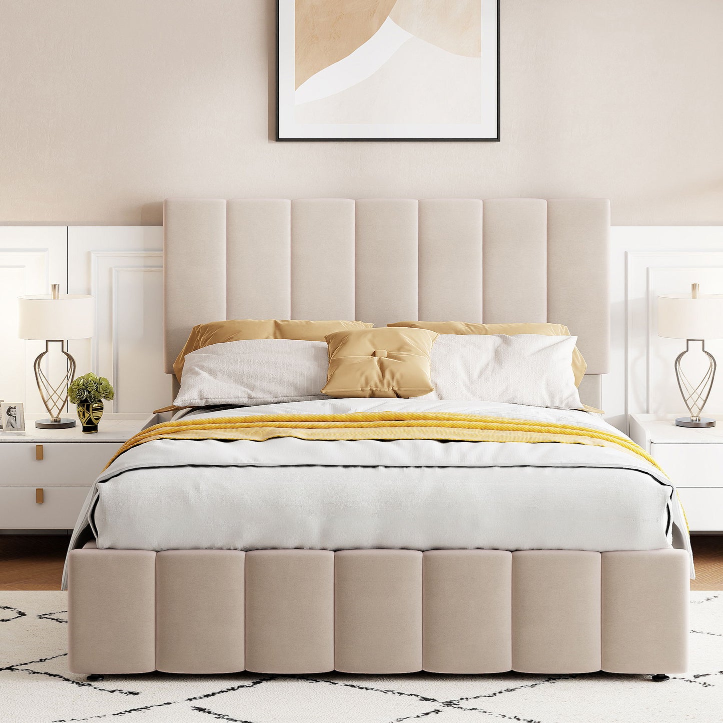 Full Size Upholstered Platform Bed With A Hydraulic Storage System - Beige