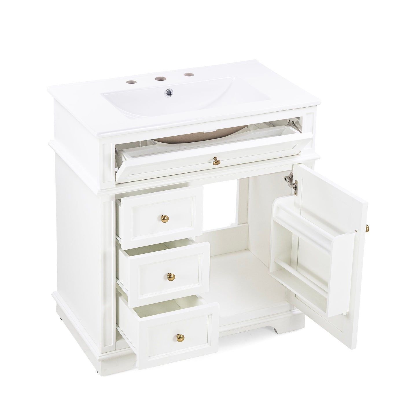 Freestanding 30" Bathroom Vanity With Sink, Soft Closing Door, Tip Out Drawer - White