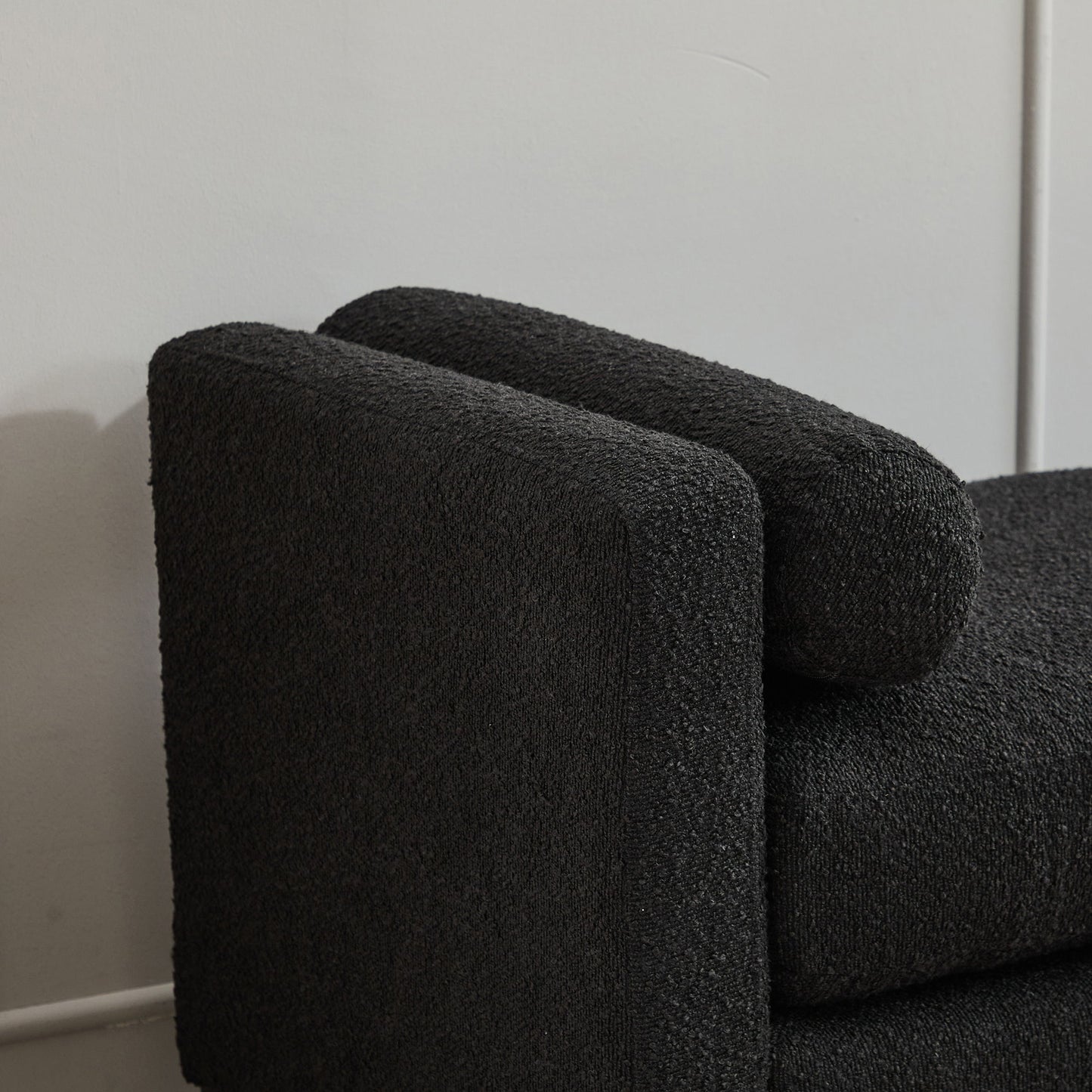 Elegant Upholstered Bench Daybed Ottoman With Nature Wood Legs & Bolster Pillows - Black Boucle