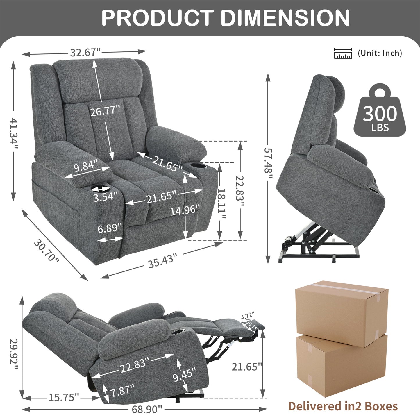 Power Lift Recliner Chair - Fabric Single Sofa With Extended Footrest, Remote Control, Cup Holders, And Side Pockets For Living Room Or Home Theater - Dark Gray