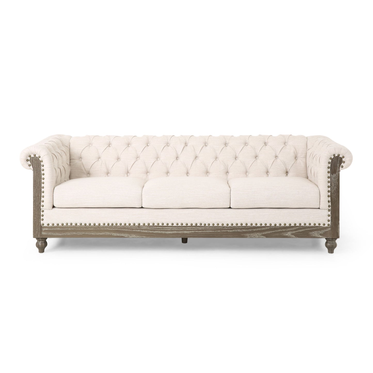 Comfy 3 Seat Sofa With Wooden Legs, Retro Style For Living Room - Beige