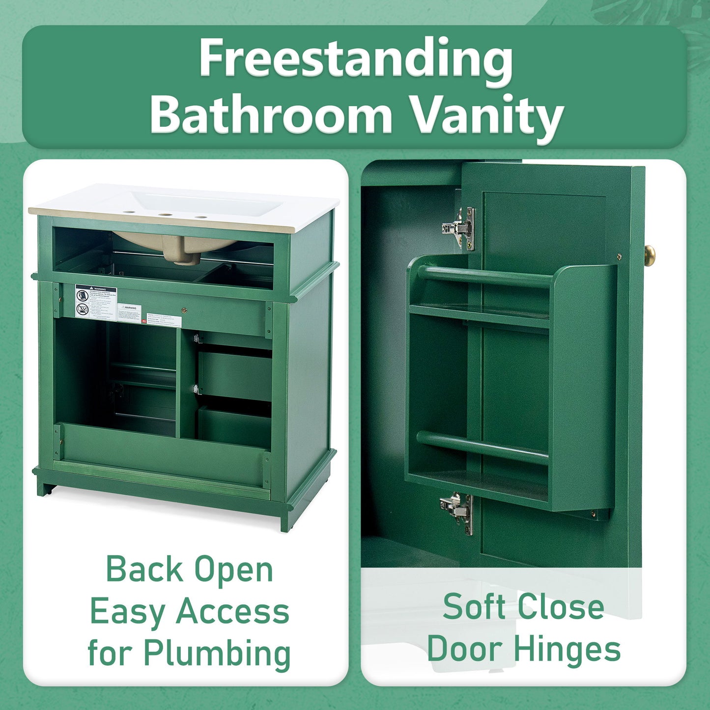 30" Bathroom Vanity With Sink, 1 Tip Out Drawer, 3 Drawers, Door Shelf, Soft Closing Door - Green