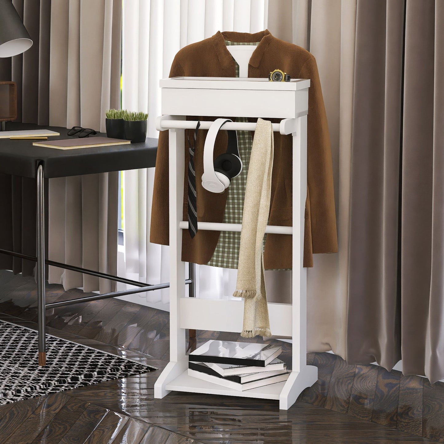 Portable Garment Rack, Clothes Valet Stand With Storage Organizer - White