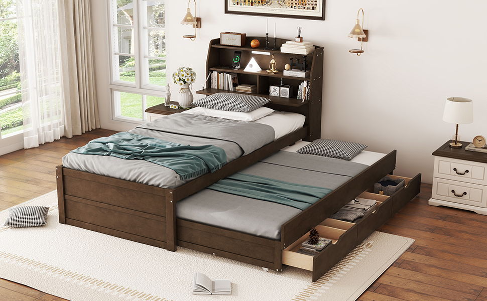 Twin Size LED Platform Bed With Trundle With Storage Headboard With Drawers - Brown
