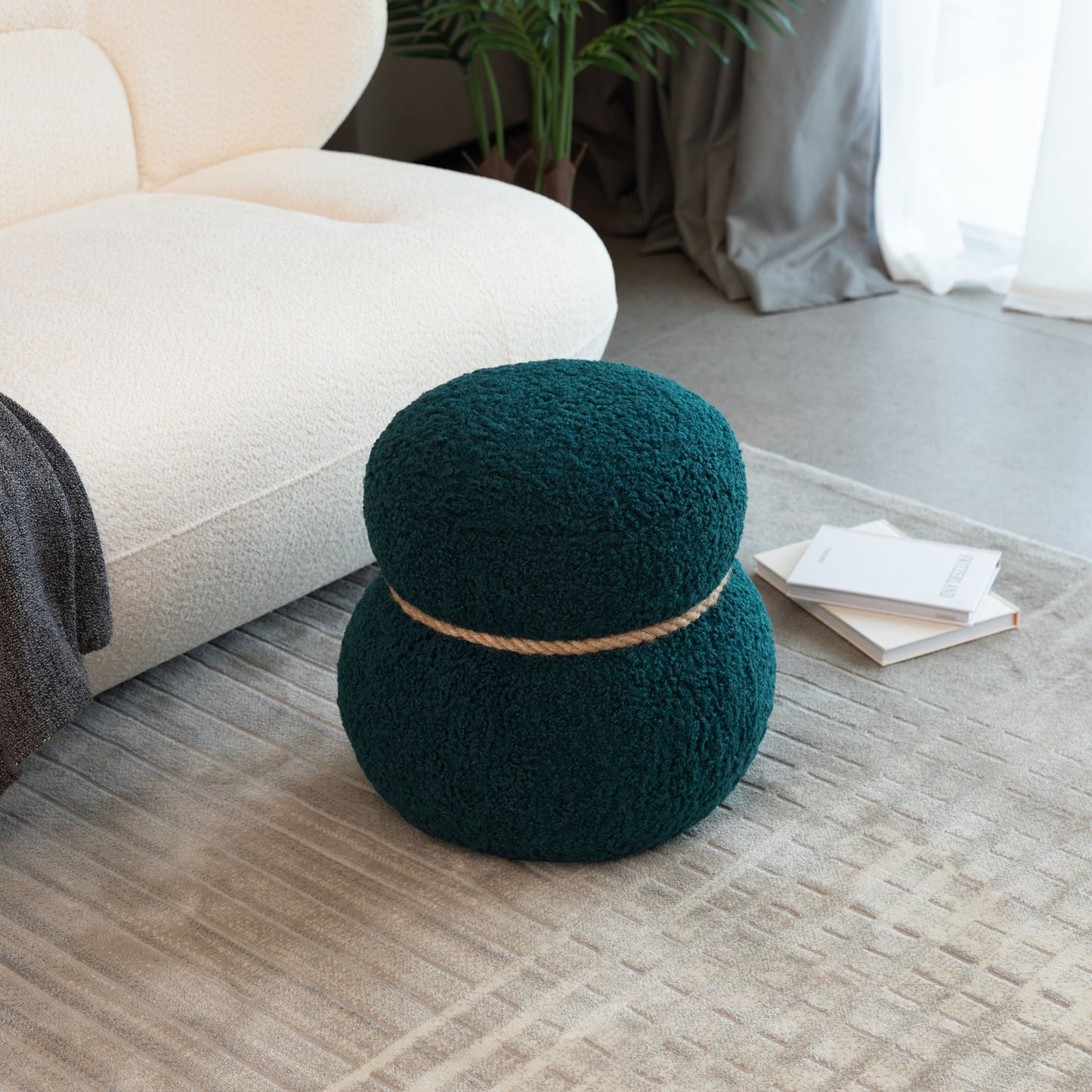 Snowman Stool With Lamb Wool Cushion And Solid Wood Frame - Dark Green