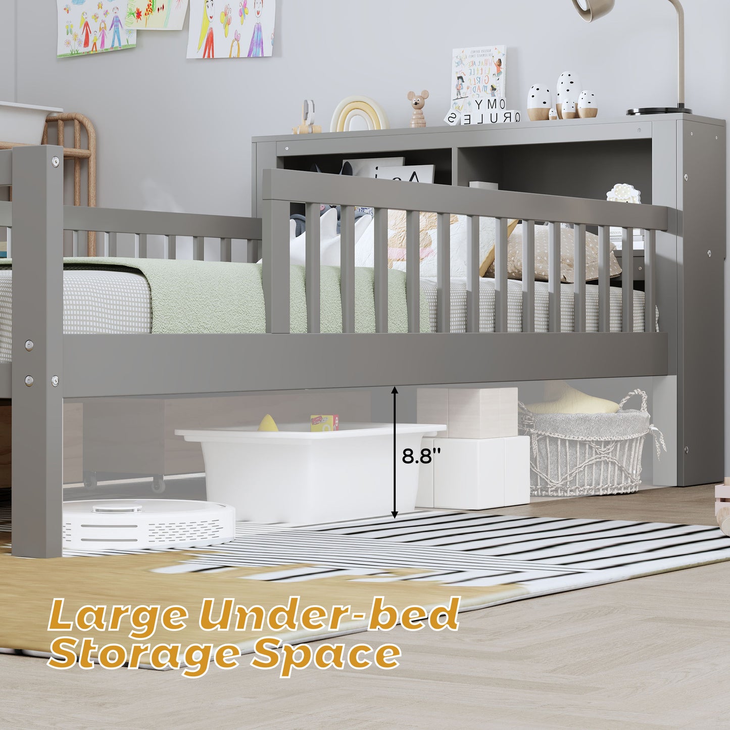 Twin Size Bed With Headboard Storage Rack, 2 Under Bed Drawers, 3 - Side Guardrails For Safety And Security - Gray