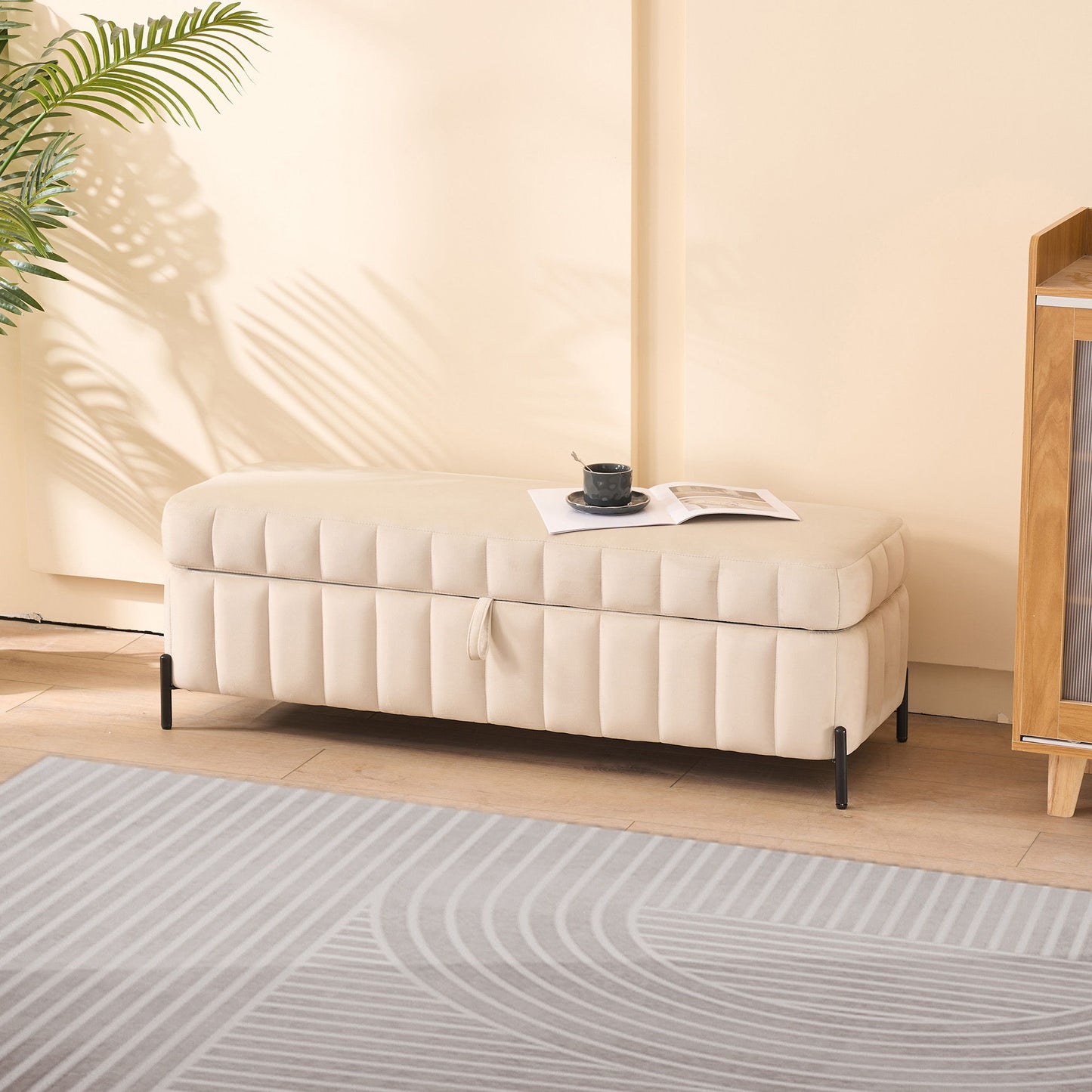 Wide Upholstered Velvet Storage Soft Bench Footstool Ottoman End Of Bed With Metal Legs, Foot Rest For Living Room, Entryway And Bedroom - Beige