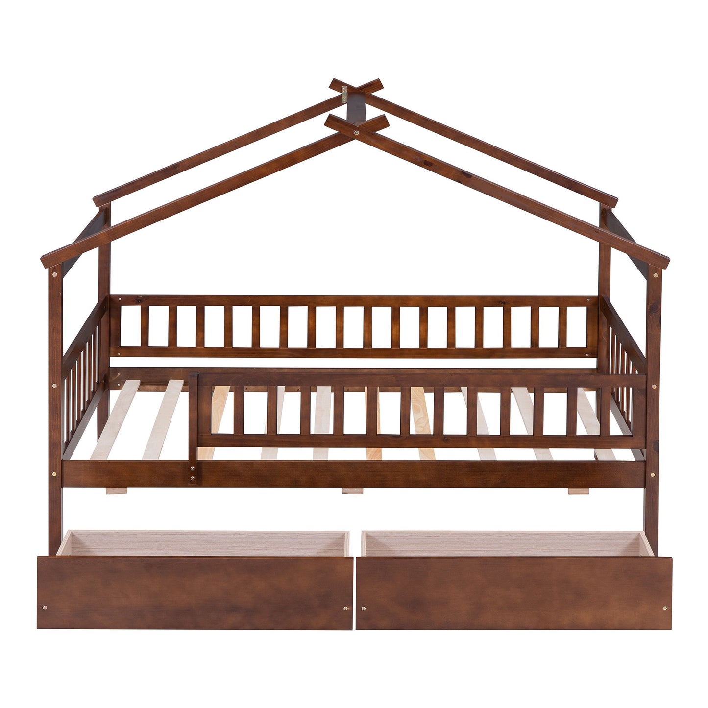 Twin Size House Bed With 2 Drawers - Walnut