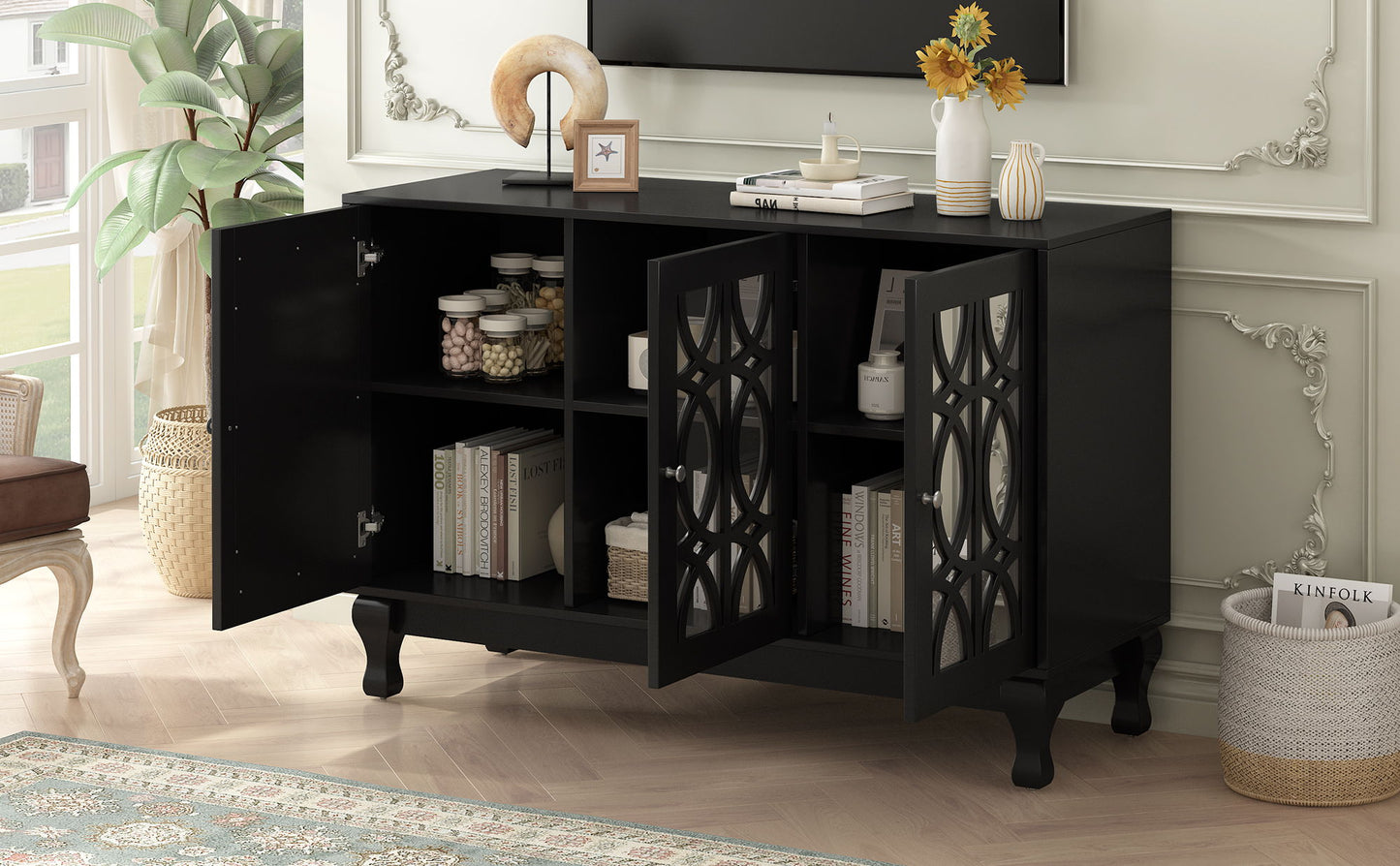 Modern Mirrored TV Stand For TV Up To 55", Entertainment Center Solid Wood Legs, Metal Handle And 3 Adjustable Shelves For Living Room - Black