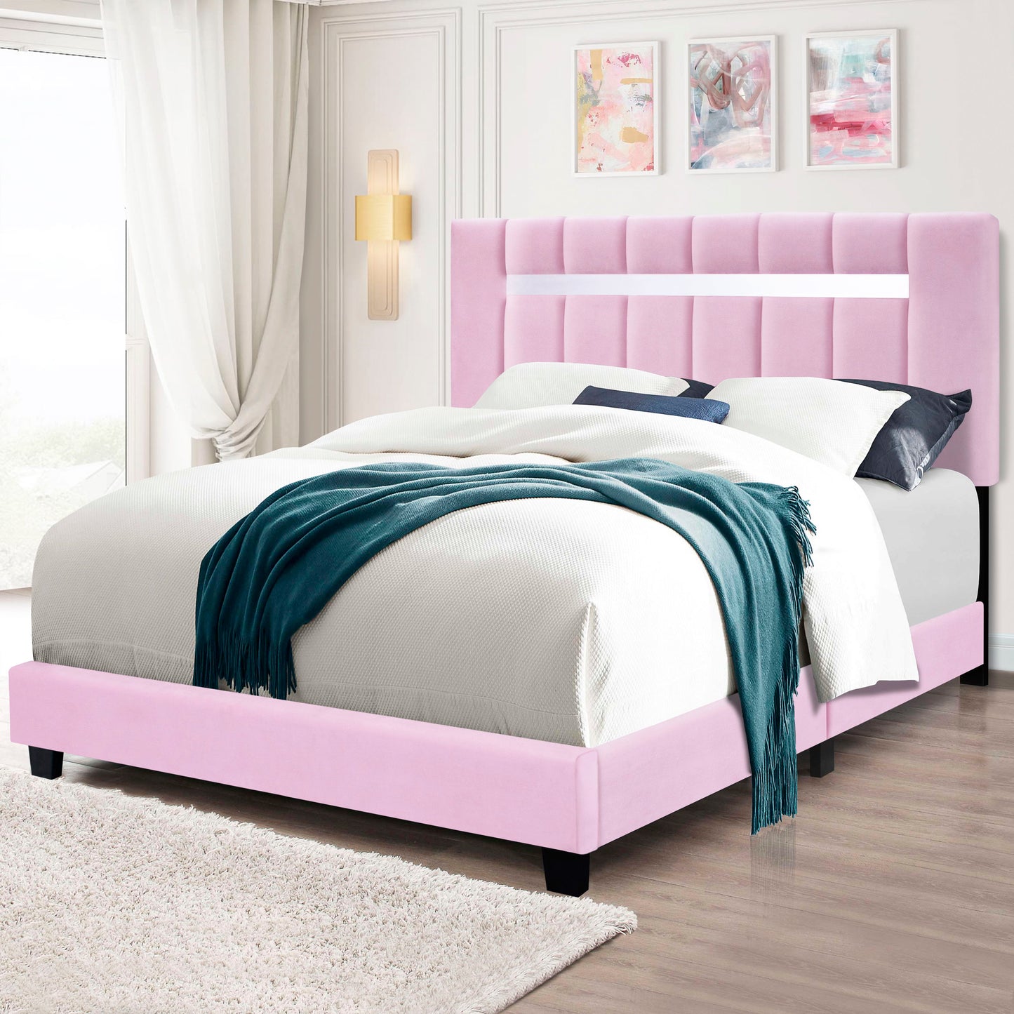 Velvet Upholstered Bed Frame With Adjustable Features, Teenage Girl's Favorite Collection - Pink