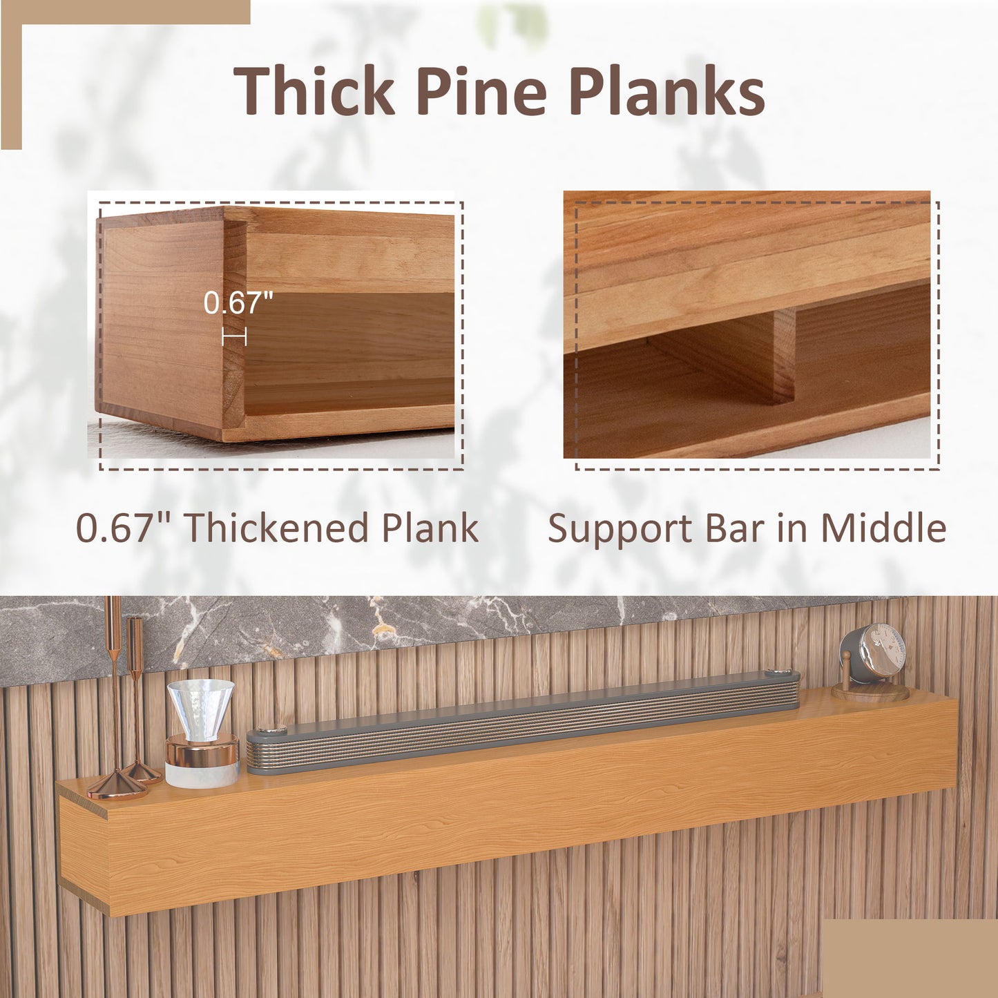60'' Fireplace Mantel Wooden Wall Mounted Floating Shelf 8" Deep Solid Pine Wood - Natural