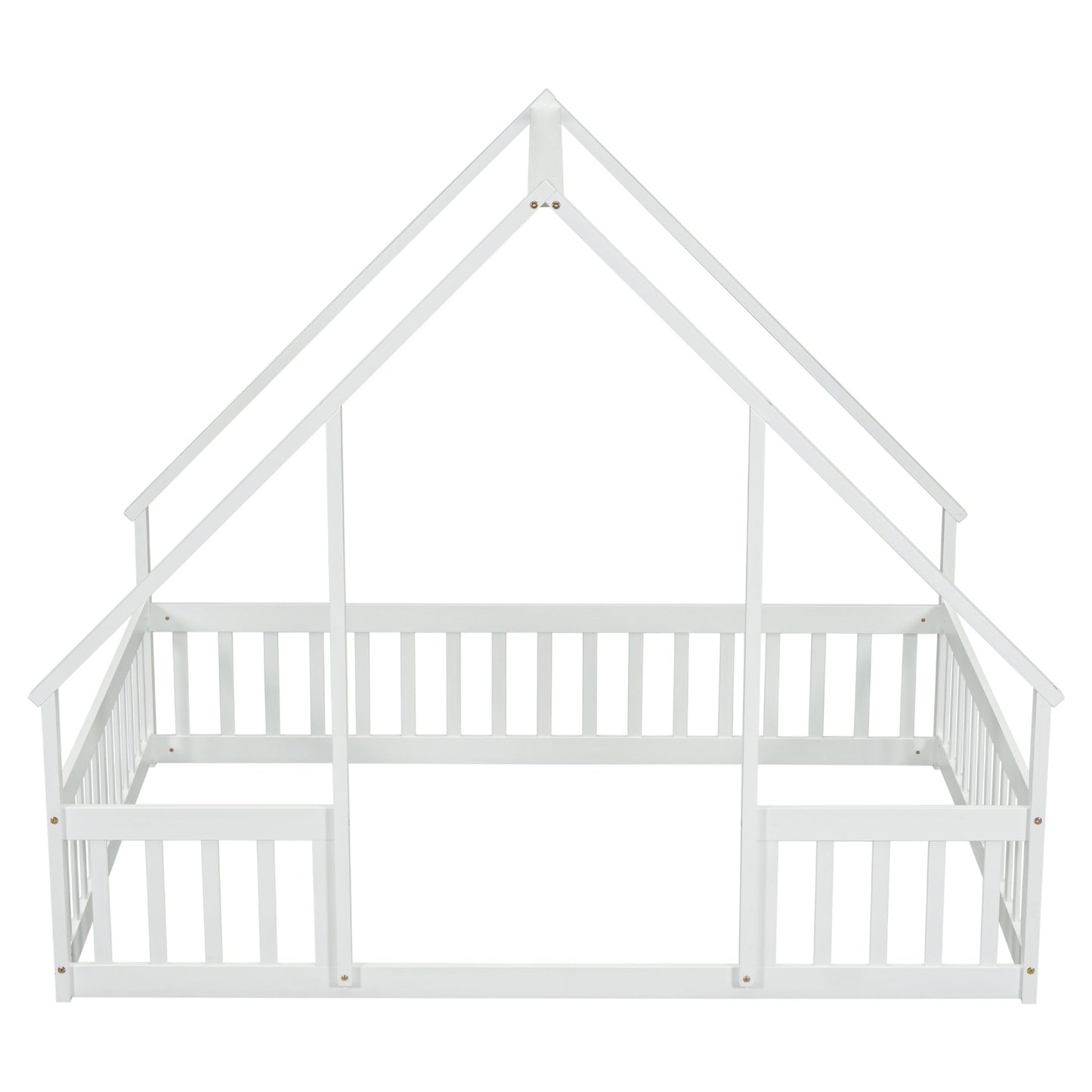 Full Wood House-Shaped Floor Bed With Fence, Guardrails - White