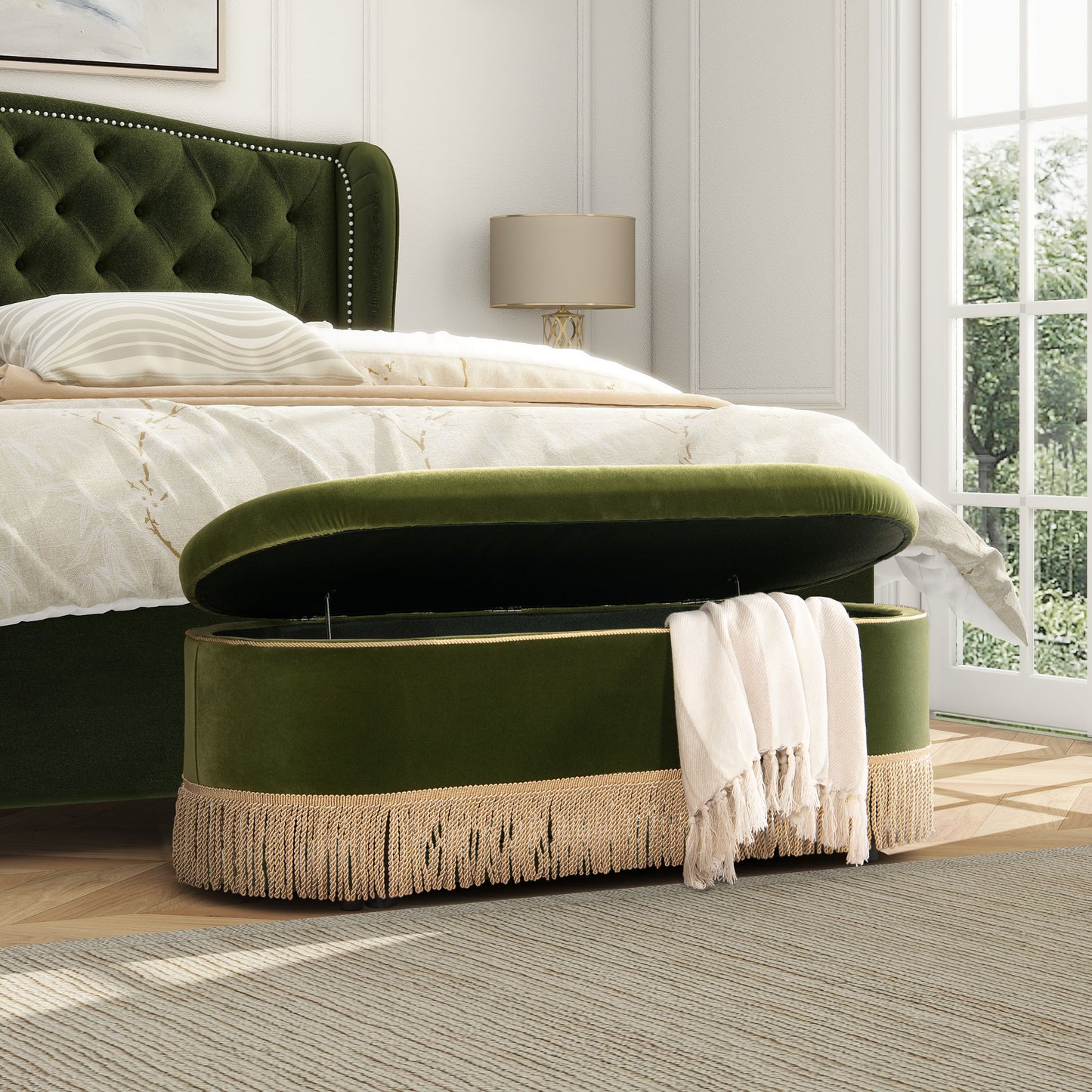 Melinda - Oval Tufted Bullion Fringe Storage Bench - Olive Green