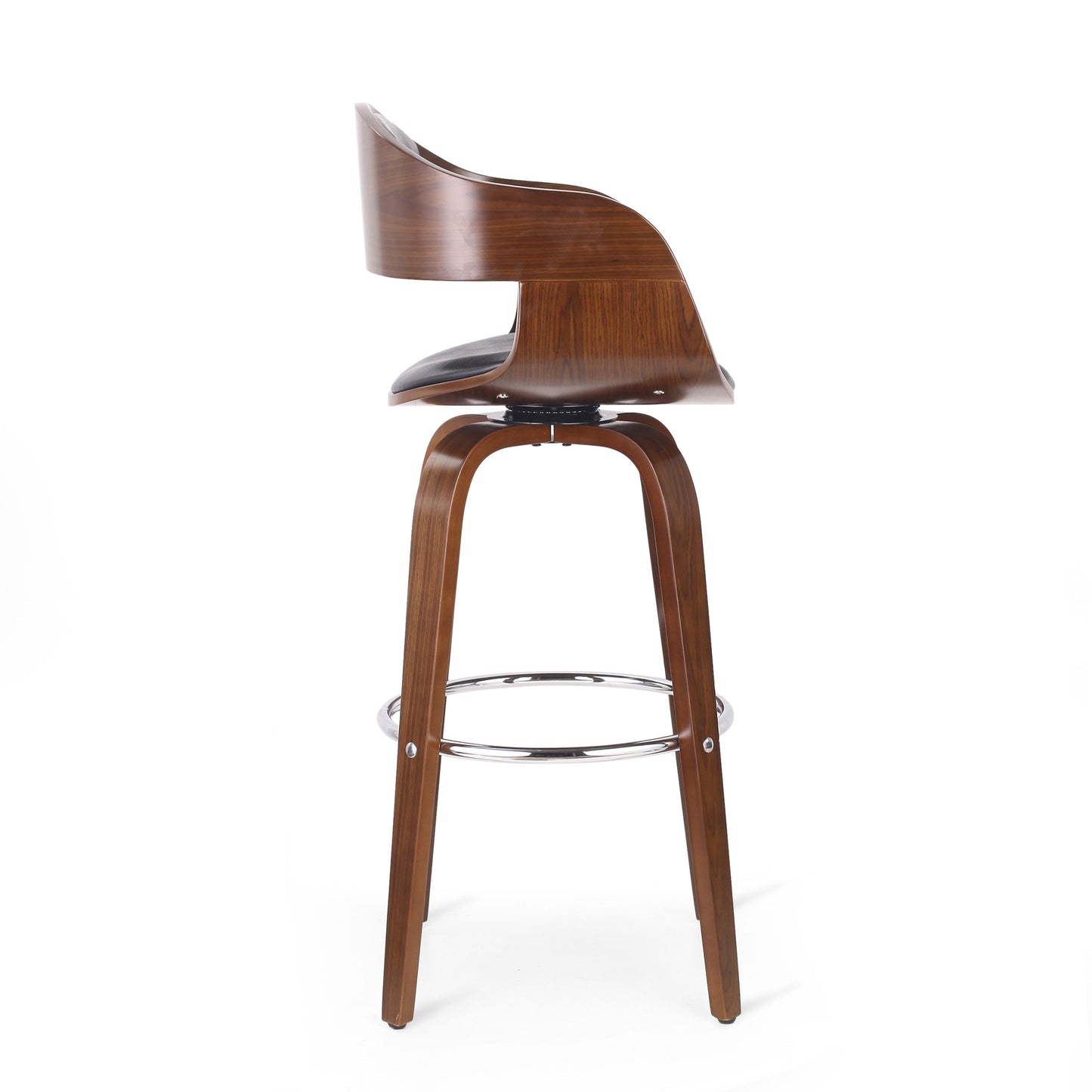 Upholstered Swivel Barstool With Wood Frame / Chrome Footrest - Walnut / Black