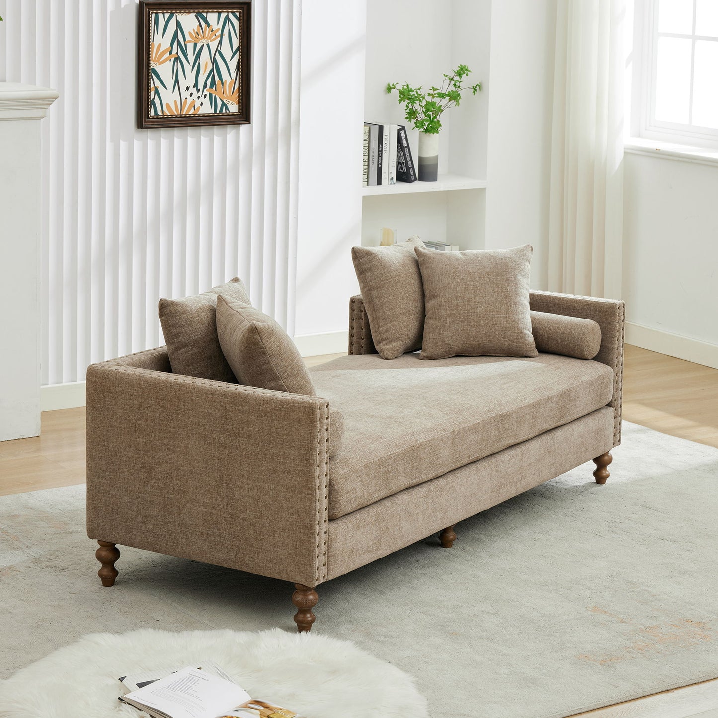 Upholstered Chaise Lounge Indoor With Nailheads, Sleeper Sofa Couch With 4 Throw Pillows & 2 Bolsters, Daybed With Rubberwood Legs - Taupe