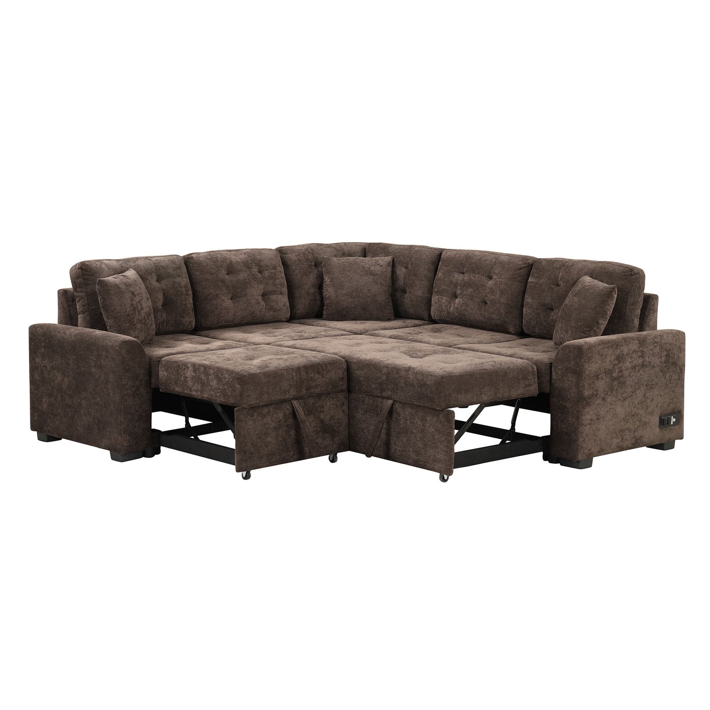 L-Shape Sofa Bed Pull-Out Sleeper Sofa With Wheels, USB Ports, Power Sockets For Living Room - Brown