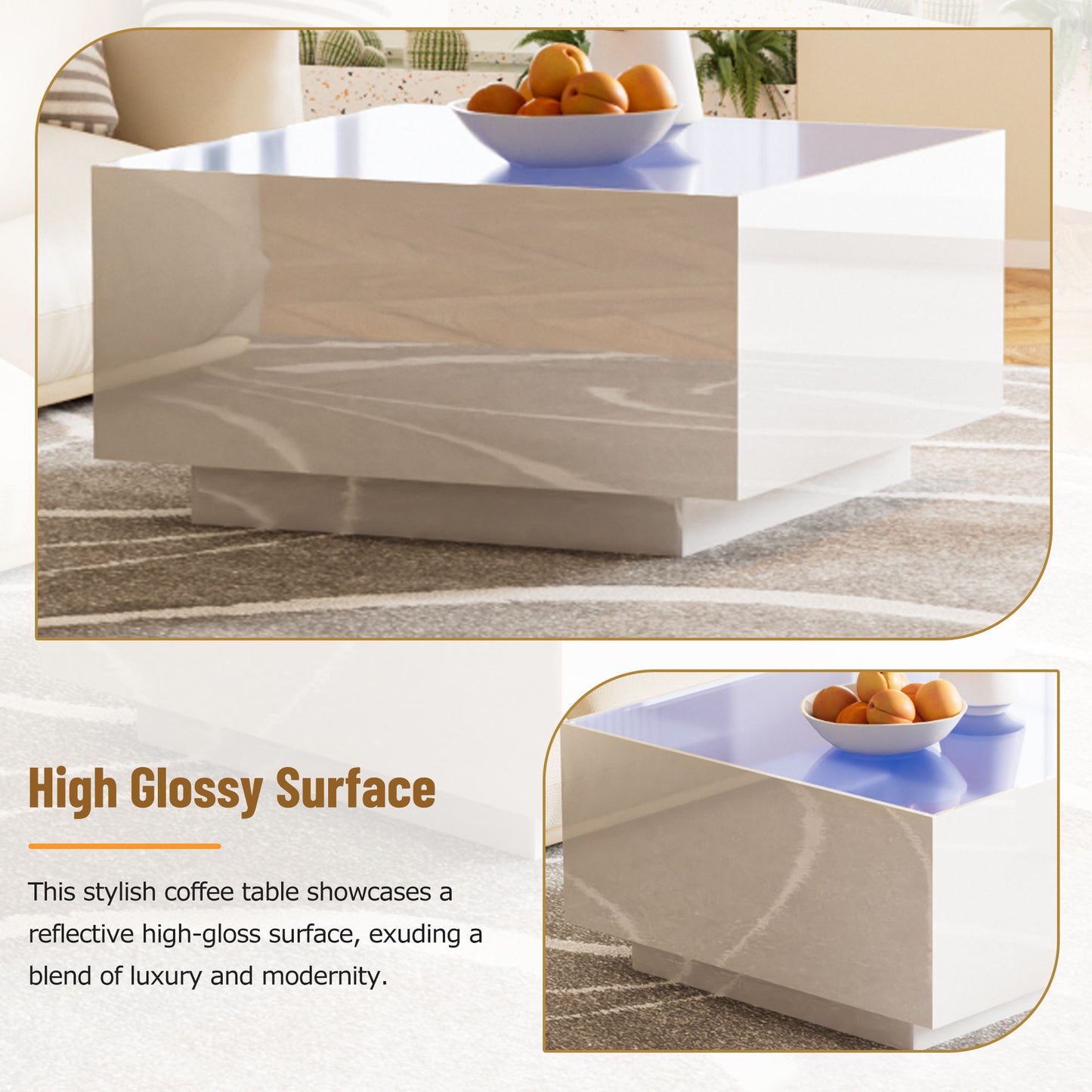 Square High Glossy Coffee Table With 16 Color Led Strip Lights, Modern Center Table With 5Mm Frosted Tempered Glass Top For Living Room - White