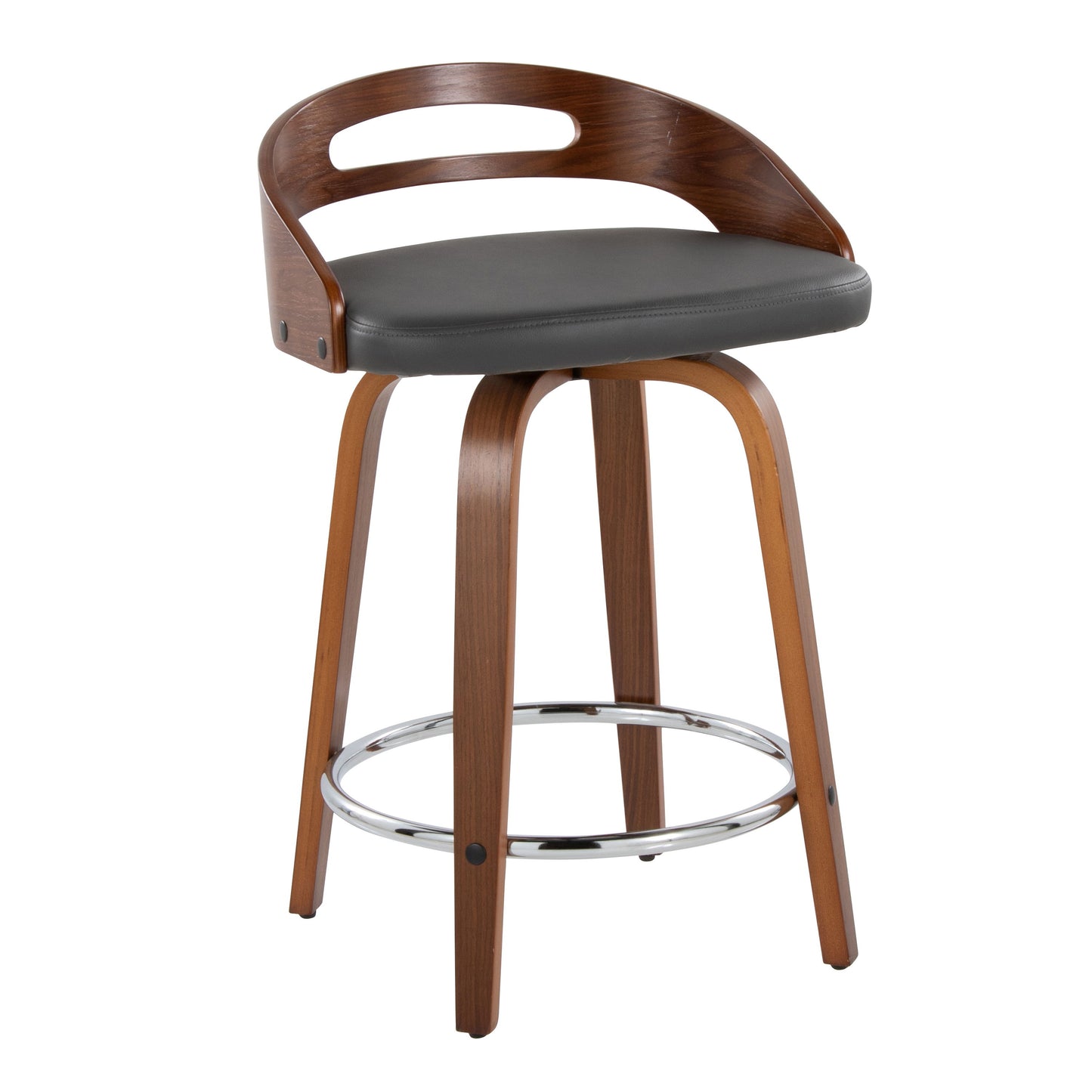 Cassis - Mid-Century Modern Fixed Height Counter Stool With Swivel With Round Footrest (Set of 2) - Walnut / Gray