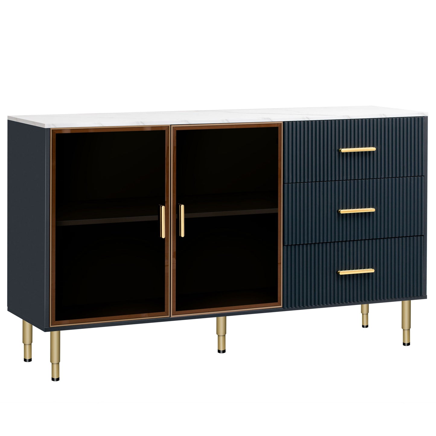 Modern Sideboard Buffet Cabinet Marble Sticker Tabletop And Amber-Yellow Tempered Glass Doors With Gold Metal Legs & Handles - Navy Blue