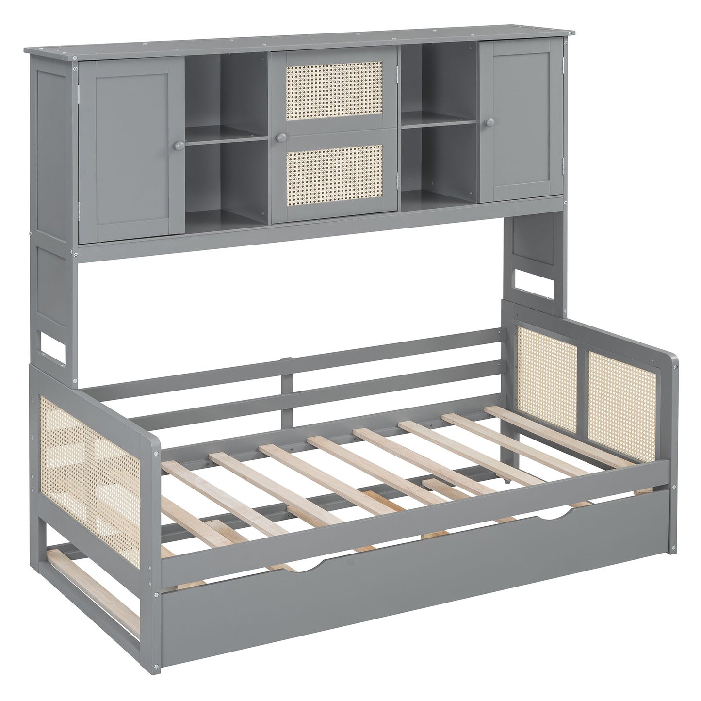 Twin Size Wooden Daybed With Twin Size Trundle, And All In One Cabinet And Shelf - Gray