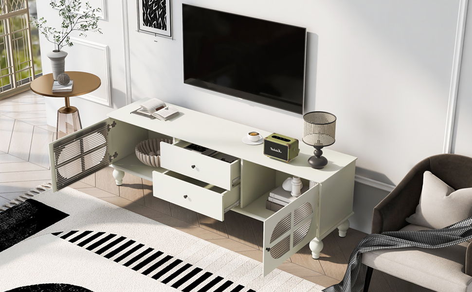 Modern TV Stand For TVs Up To 75", Entertainment Center Media Console With Fluted Glass Doors, 5 Solid Wood Legs For Living Room - Antique White