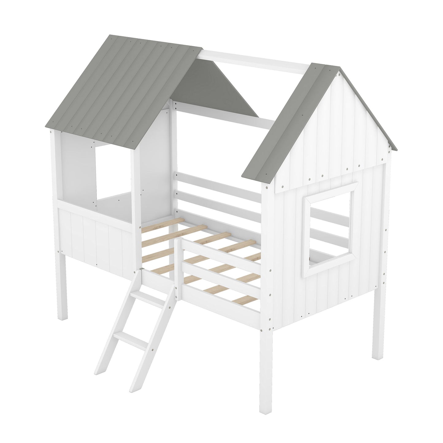 Twin Size Low Loft House Bed With Two Side Windows - White / Gray