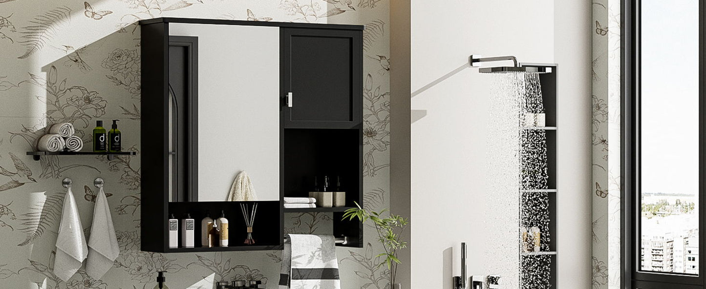 Modern Wall Mounted Bathroom Medicine Cabinet, Bathroom Wall Storage Cabinet With Mirror, Over The Toilet Space Saver Cabinet With Towels Bar - Black